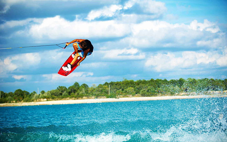 red waveboard, wakeboarding, sports, water, sea, motion, nature