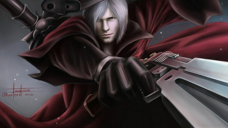 guns, sword, Dante, DMC, red coat, game, fanart, Devil may cry, HD wallpaper
