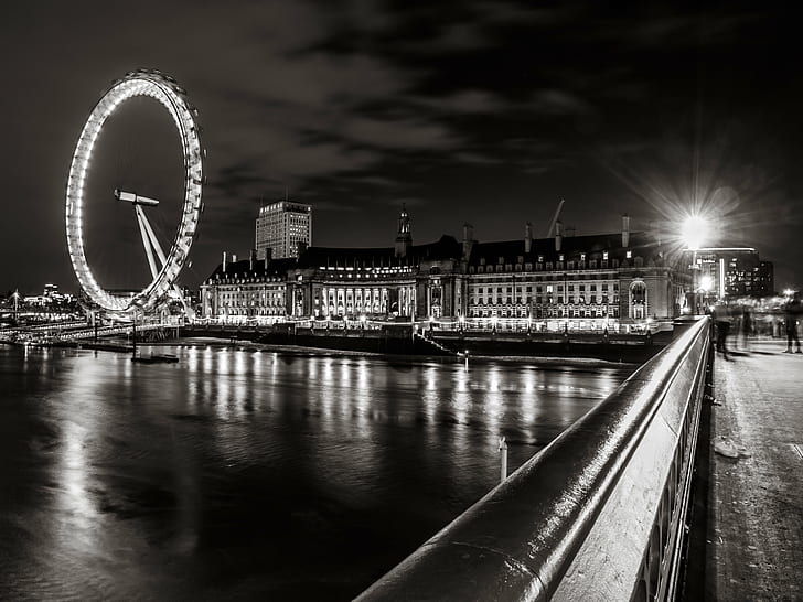 grayscale photo of London Eye during nighttime, london eye, 60mm