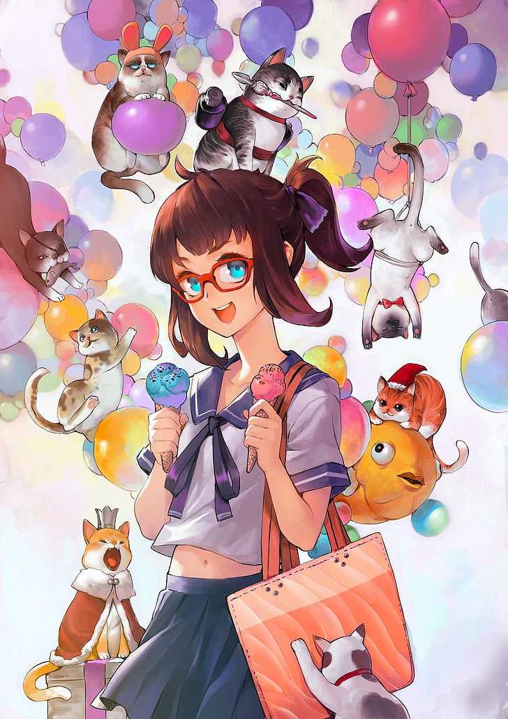 anime, anime girls, cat, balloon, ice cream, original characters, HD wallpaper