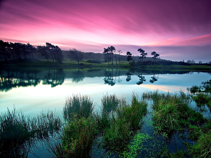 Beautiful Peaceful Nature Lakes, body of water, pink, sky, colorful, HD wallpaper