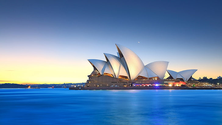 sydney opera house, sky, sea, landmark, calm, tourist attraction, HD wallpaper