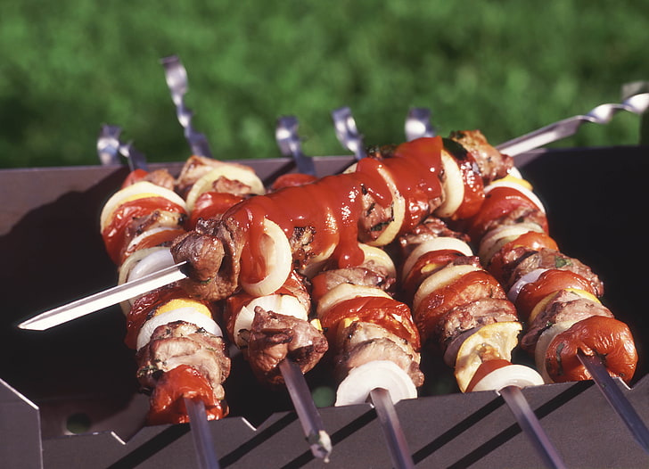 pork barbecues, kebabs, meat, ketchup, relish, rotisserie, grill