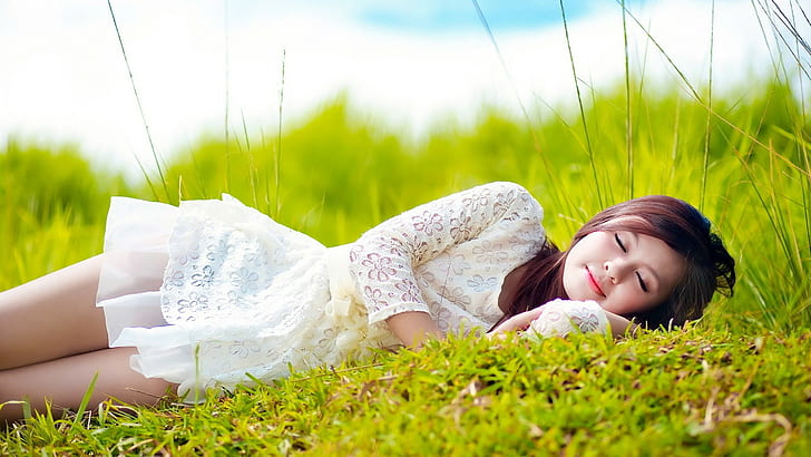 grass, closed eyes, women outdoors, model, sleeping, lying on side