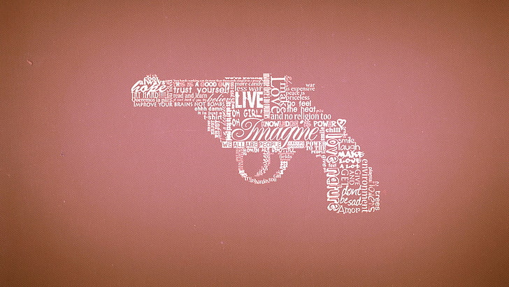 white pistol illustration, gun, typography, weapon, communication, HD wallpaper
