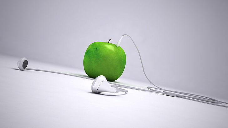 white earbuds and green apple, apples, technology, food, healthy eating
