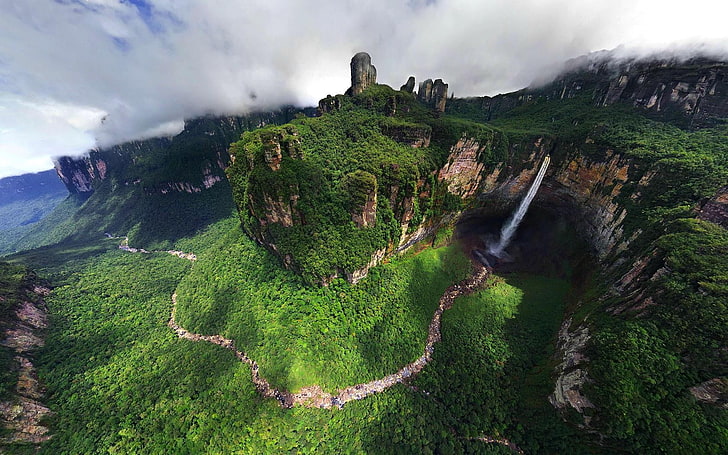green grass, nature, mountains, landscape, river, waterfall, Dragon Falls, HD wallpaper