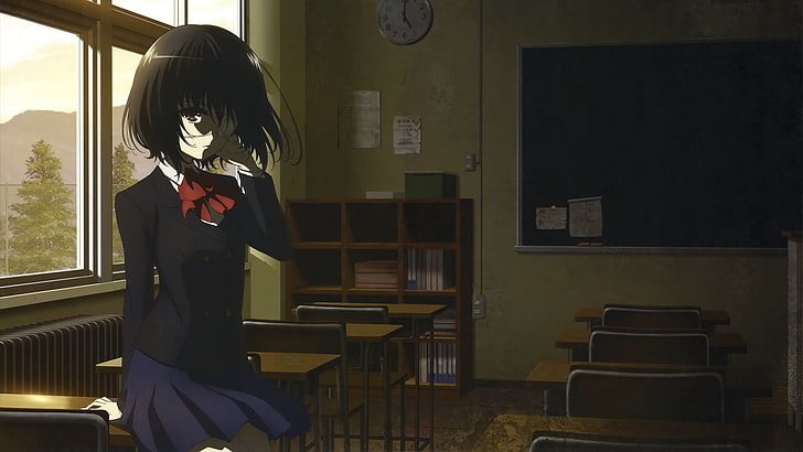 Another, Misaki Mei, school uniform, classroom, anime girls, HD wallpaper