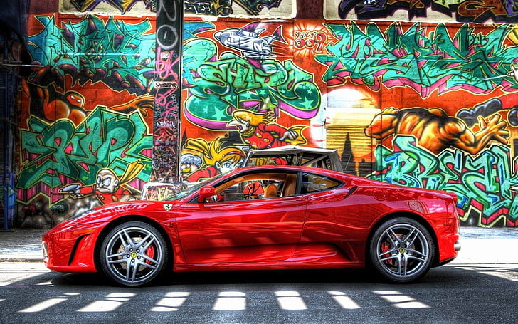 red coupe, car, Ferrari, graffiti, colorful, Ferrari F430, Ferrari F430 Scuderia, HD wallpaper