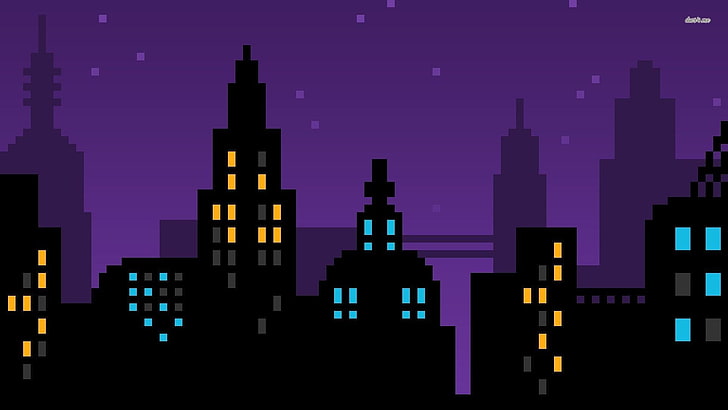 lighted buildings illustratin, pixel art, pixels, purple, skyline