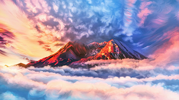 mountain with clouds artwork painting, illustration, sky, mountains