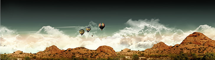 clouds, Desert, Dual Monitors, Hot Air Balloons, landscape