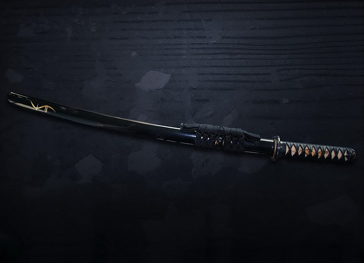 black handled katana, sword, samurai, equipment, close-up, single Object