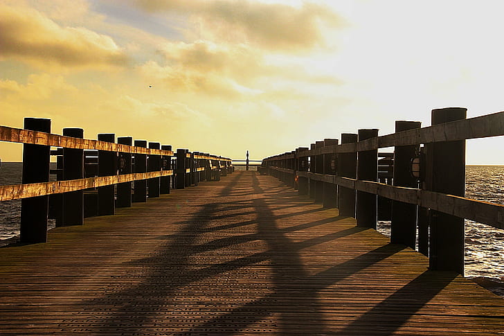 brown wooden boat docking, Shadows, pier, Trelleborg, sea, havet, HD wallpaper