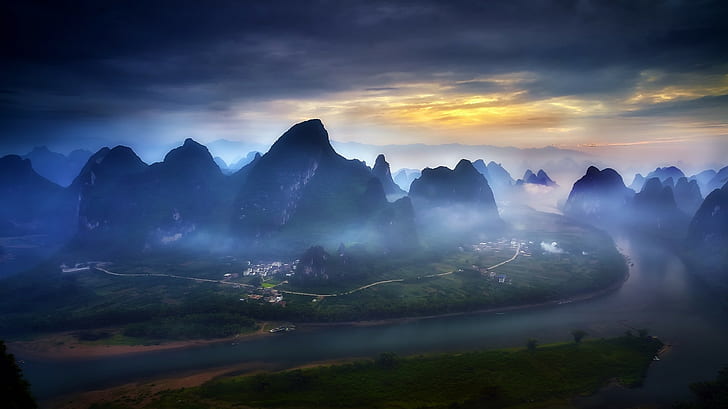 field, mountains, blue, landscape, sky, river, road, Guilin