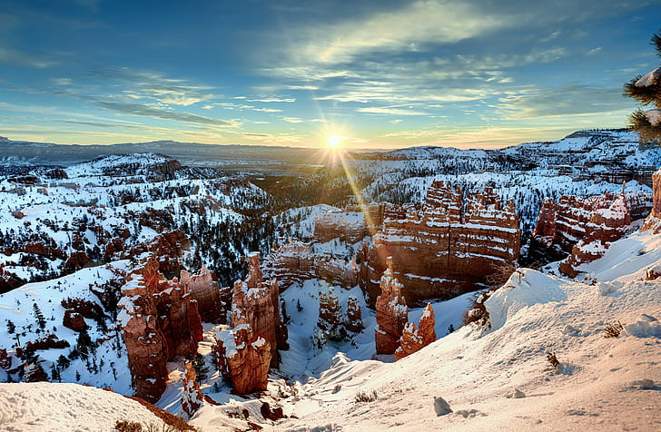 landscape photography of rock mountain during snow season, Sunrise, HD wallpaper