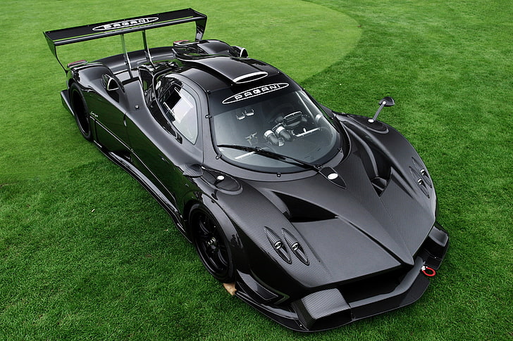 black racing car, grass, supercar, carbon, Pagani, zonda, probe, HD wallpaper