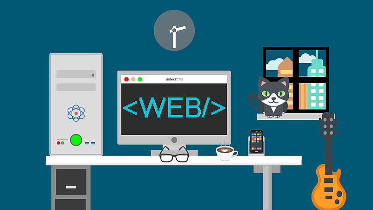 web development, desk, Flatdesign, technology, communication, HD wallpaper