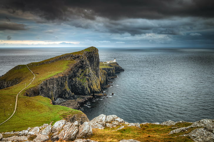 lighthouse on hill with calm sea view, neist point, neist point, HD wallpaper