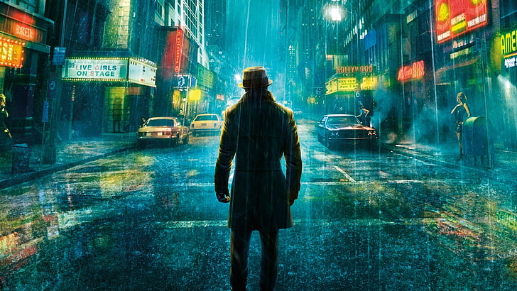 standing man wearing jacket under the rain wallpaper, Watchmen