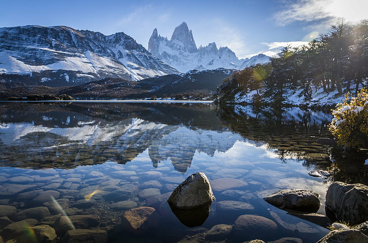 silent body of water beside trees under cloudy blue sky, fitz roy, argentina, fitz roy, argentina