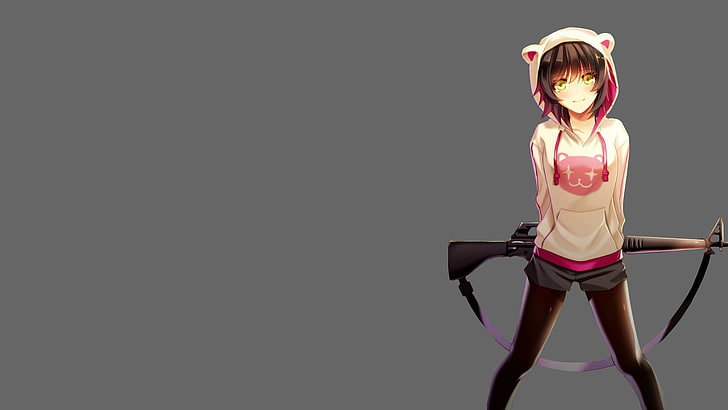 Anime, Original, Girl, Gun, Hoodie, M16 Rifle, Pantyhose, Short Hair, HD wallpaper