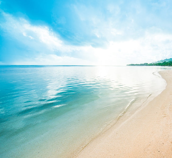 seashore, beach, sand, clouds, Caribbean, water, peaceful, nature, HD wallpaper