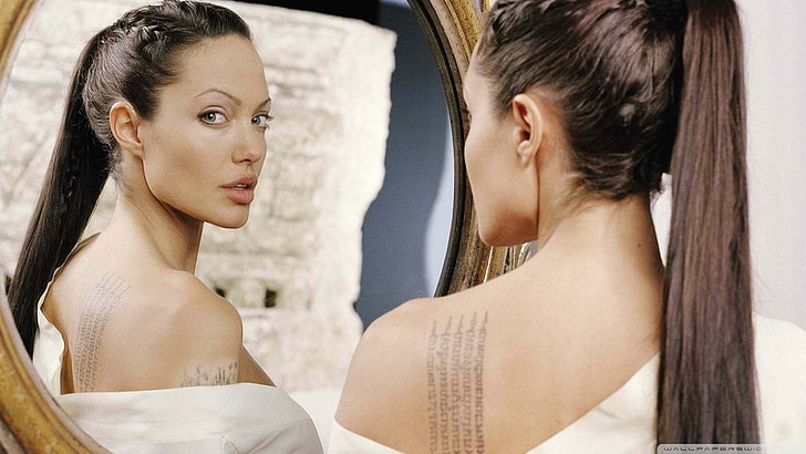 Angelina Jolie, mirror, face, women, actress, tattoo, young adult