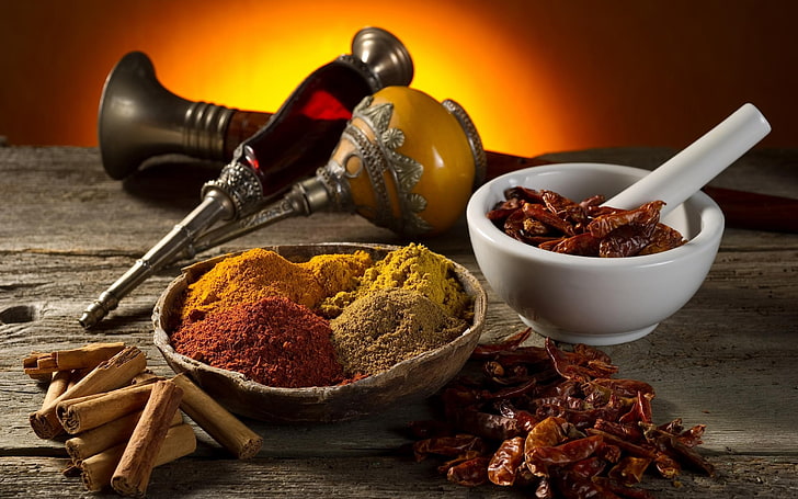 red and yellow powders, spices, sprinkles, dishes, table, seasoning, HD wallpaper
