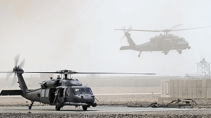 black helicopter, Sikorsky UH-60 Black Hawk, military base, helicopters