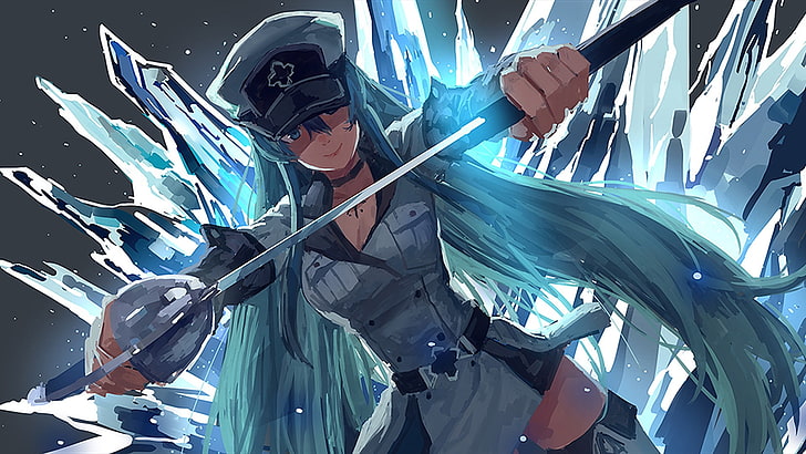 blue haired female anime character holding sword digital wallpaper