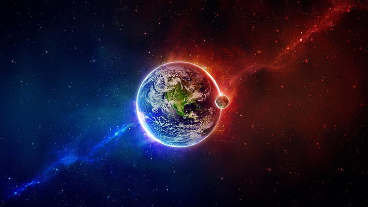 Outer Space Earth Moon Red Blue HD, HD wallpaper