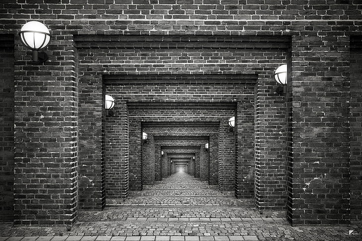 grey bricked walls, architecture, symmetry, lights, photo manipulation