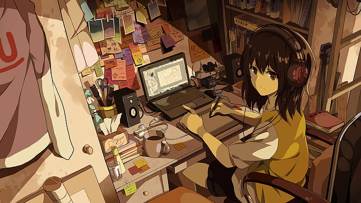 female anime character sitting on chair near laptop computer wallpaper, HD wallpaper