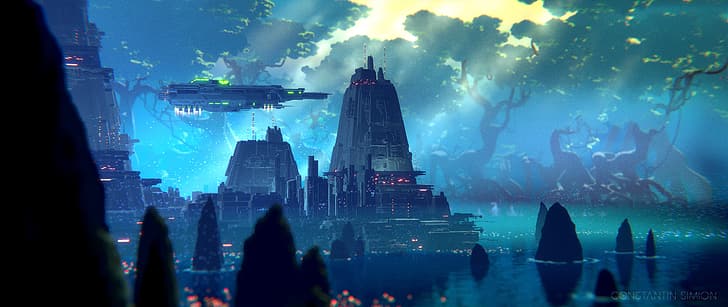 cyberpunk, ultrawide, futuristic, future forest city, spaceship, HD wallpaper