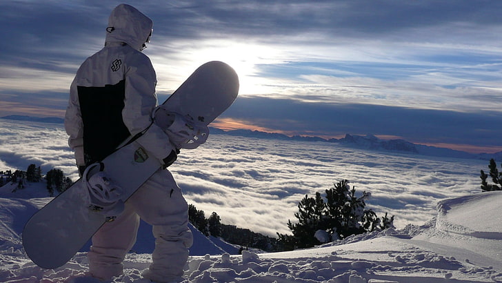 white snowboard, snowboarding, mountains, winter, cold temperature, HD wallpaper