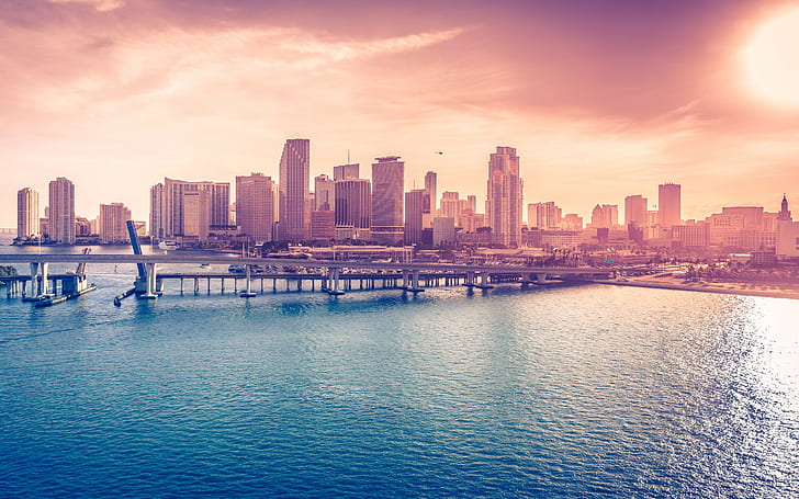 Miami, USA, city, bridge, sky, sea, HD wallpaper