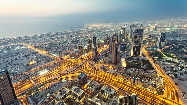 City, Dubai, United Arab Emirates, Road, HDR, Long Exposure, aerial photography of city, HD wallpaper