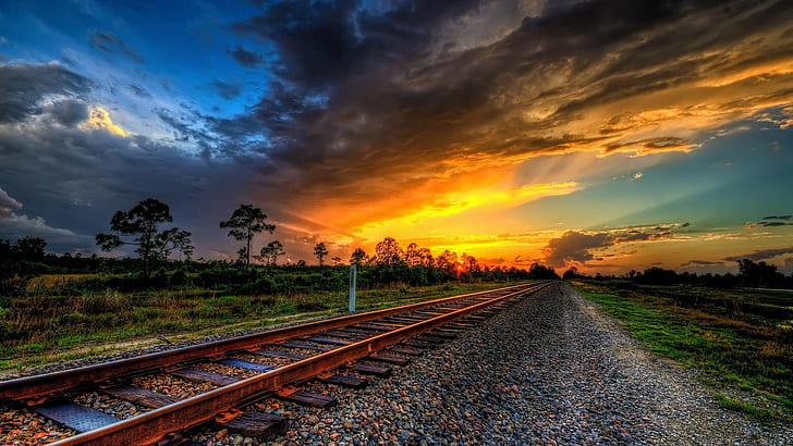 railway, sunset, HDR, HD wallpaper