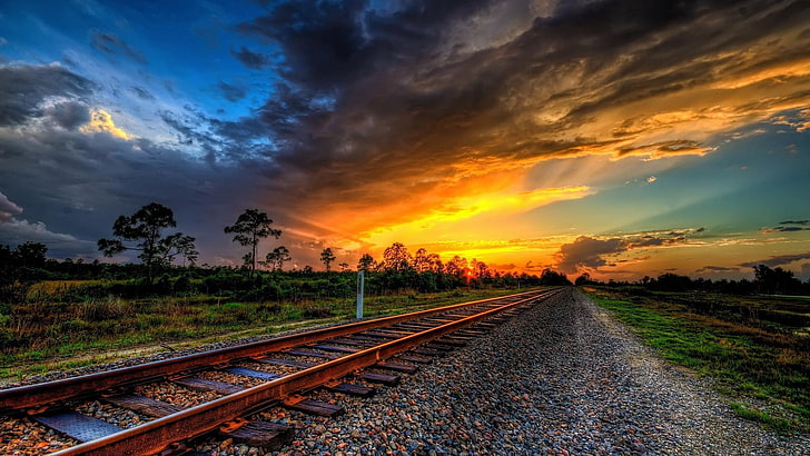 sunset, railway, HDR, HD wallpaper