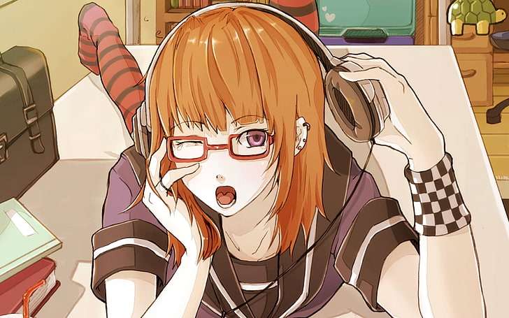 orange haired female anime character, girl, headphones, glasses, HD wallpaper