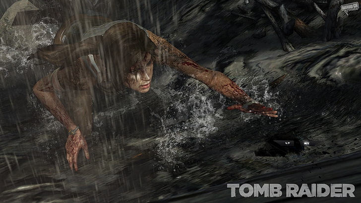 Lara Croft Tomb Raider game cover, water, swimming, nature, text