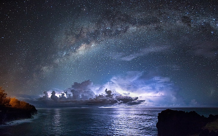 cloud and body of water, nature, landscape, long exposure, starry night