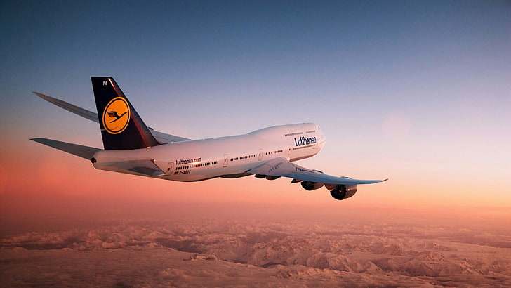 boeing 747-8i, lufthansa, sunset, fly, sky, clouds, airplane