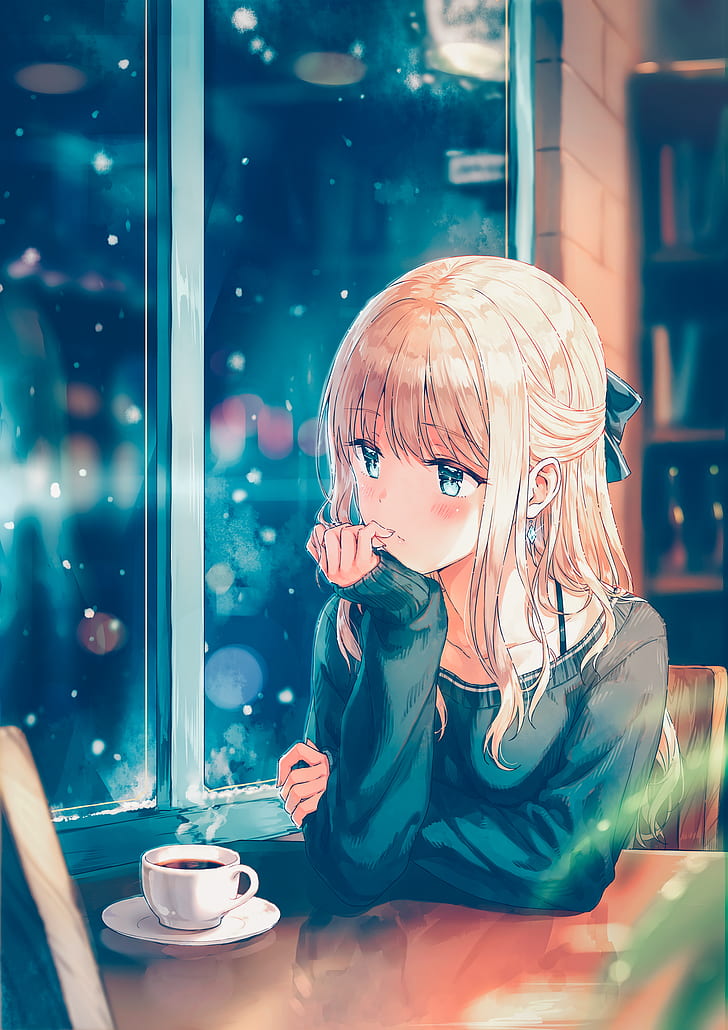 anime, long hair, coffee, anime girls, sweater, snow, blonde