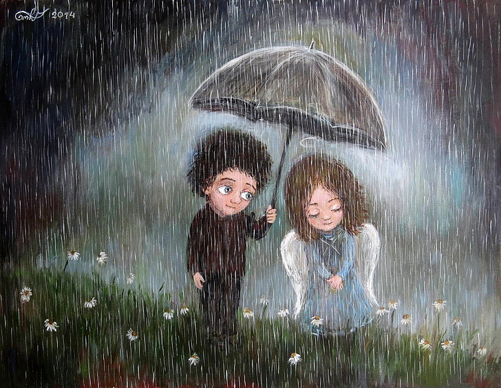 boy holding umbrella toward angel illustration, artwork, couple