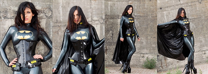 women's Batgirl costume collage, latex, model, Alexandra Corneille, HD wallpaper