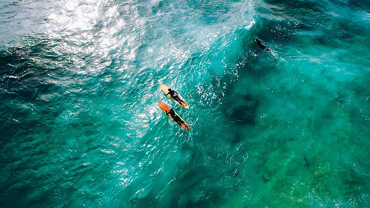 two orange surfboards, waves, sea, surfing, water, sport, lifestyles, HD wallpaper