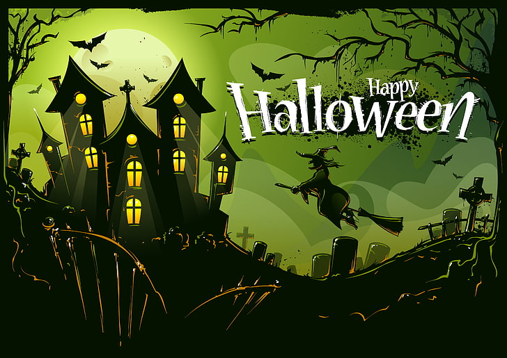 Happy Halloween digital wallpaper, trees, birds, castle, holiday