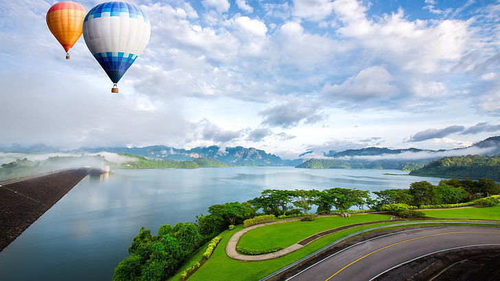 two white and orange hot air balloons, landscape, lake, mountains